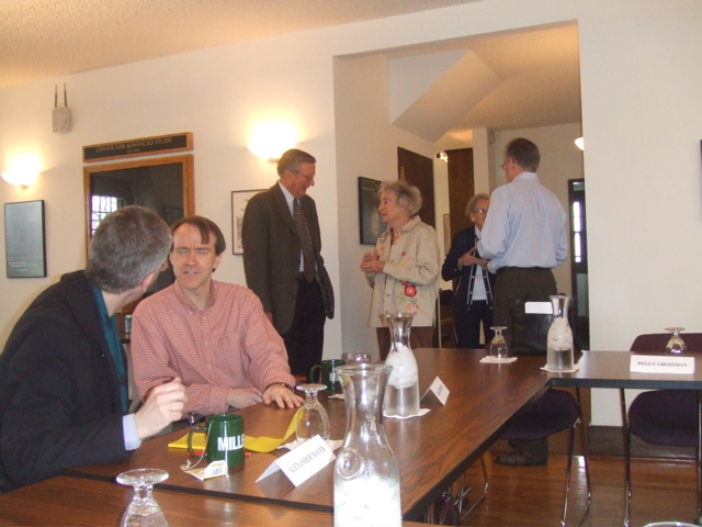 Prof. Curran talks with Marjorie Hall Thulin (center) at the lunch event held during his visit, while Prof. Alexander Mayer and Prof. Brian Ruppert hold a discussion in the foreground, and Eadie McLaren and Prof. Robert McKim talk in the background. 