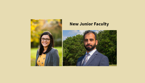 Left image of Dr. Stephanie Mota Thurston and right image of Dr. Mukhtar Ali, both on a light beige background with "new junior faculty" heading